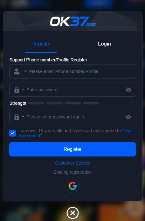 ok37 registration screen image