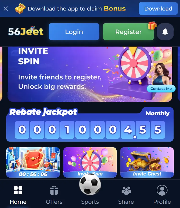 56Jeet Game app home screen interface showing main features