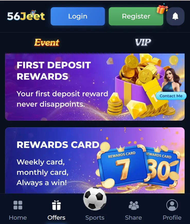 56Jeet Game bonus page showing rewards and promotions