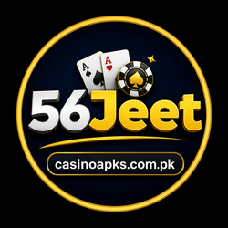 56Jeet Game logo with gold and yellow gradient text, modern casino-themed design, and casinoapks.com.pk branding on a dark background.