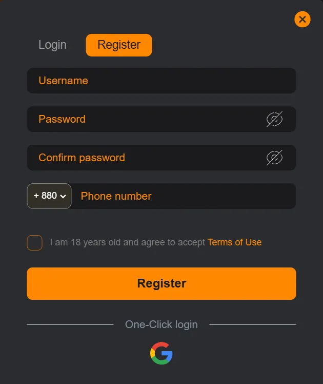 CV999 registration page showing account creation interface with username, password, and signup options on Android app