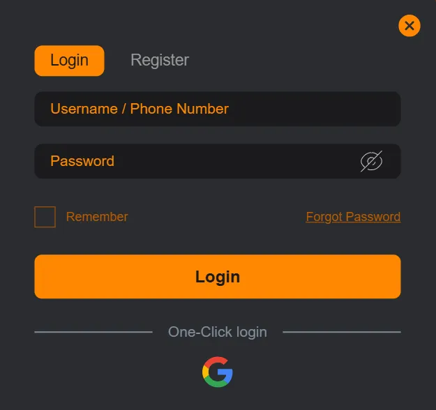 CV999 login screen with username and password fields for Android users to access their gaming account